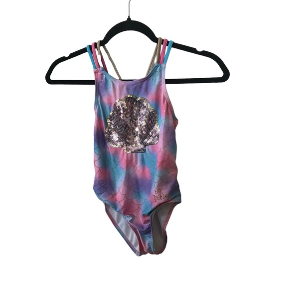 Betsey Johnson Pink, Blue, & Purple Mermaid Sequin Shell Cross Back 7/8 Swimsuit - Picture 2 of 8